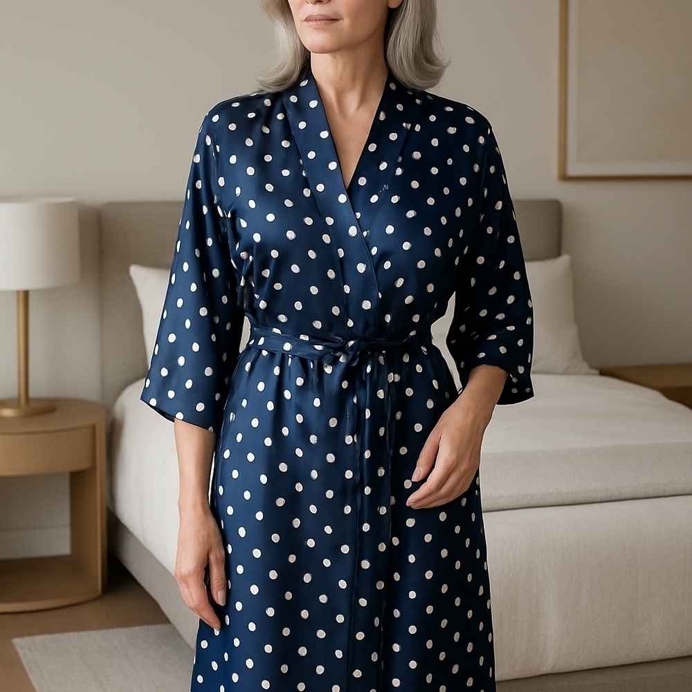 Vintage 'Quiet Luxury' Kimono Style Navy Blue & White Polka Dot Robe & Gown Set